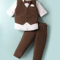 Rikidoos Full Sleeves Ribbed 3 Piece Party Suit Set With Suspender & Bow - White & Coffee-picture-11