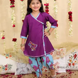 BownBee Pure Cotton Woven Three Fourth Sleeves Elephant Embroidered Gota Lace Embellished Kurti Dhoti Set - Purple-picture-36