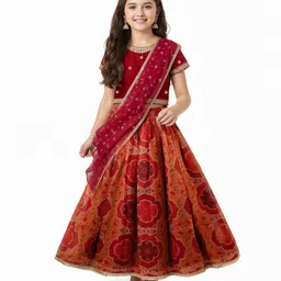 Pine Kids Woven Half Sleeves Lehenga Choli Set With Floral Print & Dupatta - Rust Orange-picture-27