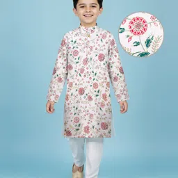 EARTHY TOUCH Woven Full Sleeves Kurta Pajama Set with Floral Glitter Print - Off White-picture-10