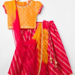 Babyhug Brocade Woven Half Puffed Sleeves Choli Lehenga Set with Dupatta & Motif Embroidery - Red & Yellow-picture-20