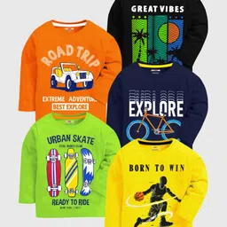 KUCHIPOO Cotton Blend Knit Pack Of 5 Full Sleeves Vehicles Beach Theme & Typography Printed Tees - Yellow Green Black Orange & Navy Blue-image-28