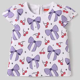 Babyhug Cotton Knit Cap Sleeves T-Shirts with Hearts Cherry & Bow Print Pack of 3 - Pink & White image 2