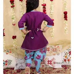 BownBee Pure Cotton Woven Three Fourth Sleeves Elephant Embroidered Gota Lace Embellished Kurti Dhoti Set - Purple image 3