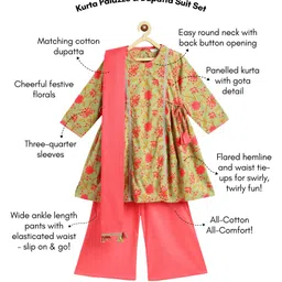 Campana 100% Cotton Woven Three Fourth Sleeves Floral Printed & Gota Lace Embellished Kurti Palazzo With Dupatta Set - Green & Peach image 3