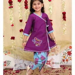 BownBee Pure Cotton Woven Three Fourth Sleeves Elephant Embroidered Gota Lace Embellished Kurti Dhoti Set - Purple image 4