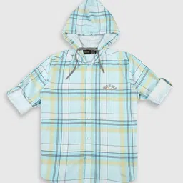 CAVIO Cotton Full Sleeves Checked Hooded Shirt With Tee - Sky Blue image 3