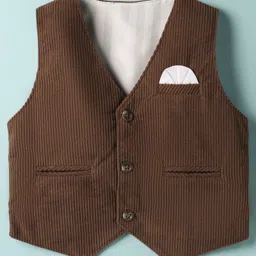 Rikidoos Full Sleeves Ribbed 3 Piece Party Suit Set With Suspender & Bow - White & Coffee image 4