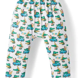 Babyhug Cotton Knit Full Length Diaper Pant With Stipes & Vehicle Print Pack Of 3 - Light Blue Yellow & Aqua image 3