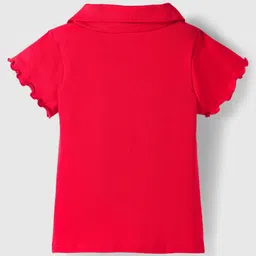 OLLINGTON ST. 100% Cotton Knit Half Sleeves Polo T-Shirt & Denim Pinafore Frock with Floral Embroidery - Red & Blue image 4