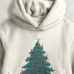 Cherry Crumble By Nitt Hyman Knit Christmas Theme Full Sleeves Tree & Santa Claus Patch Detailed Light Winter Unisex Hooded Sweatshirt -White image 5