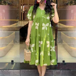 GoSriKi Women Floral Printed V-Neck Puff Sleeve Tiered Empire Midi Dress-picture-19