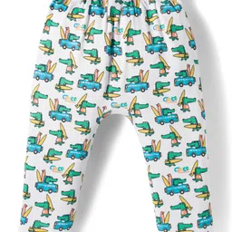 Babyhug Cotton Knit Full Length Diaper Pant With Stipes & Vehicle Print Pack Of 3 - Light Blue Yellow & Aqua image 4