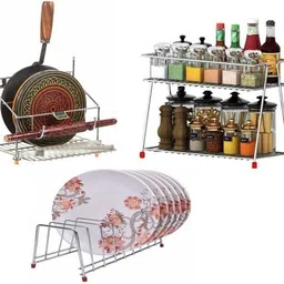 rt home kitchen Chakla/Belan Kitchen Rack Presents a Combo Pack Of 4 in 1 Chakla Belan Stand + Plate Stand + Spice Rack Steel image 1