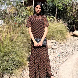 Stylecast X Hersheinbox Striped High Neck Gathered or Pleated A-Line Maxi Dress image 3