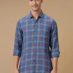 Linen Club Blue Linen Slim Fit Checks Shirt-image-26