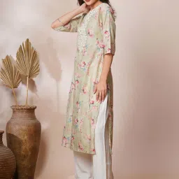 Fashor Mint Green Cotton Embroidered Straight Kurta image 4