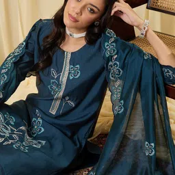 Indo Era Women Floral Embroidered Regular Thread Work Kurta with Trousers & With Dupatta-picture-22