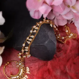 Saraf Rs Jewellery Gold Toned White Pearl Beaded Designer Nath Nose Ring With Chain image 4