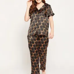 Clovia Black & Brown Printed Shirt with Pyjamas-image-75