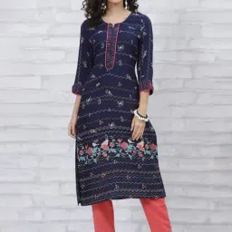 Rangriti Blue Printed Straight Kurta-image-22