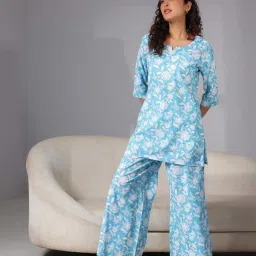 Libas Blue Cotton Printed Kurti & Pyjama Set image 4