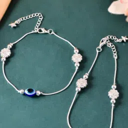 VOJ Silver Plated Blue Evil Eye Anklets for Women Set of 2-image-95