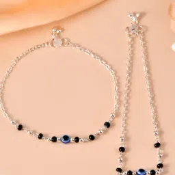 VOJ Silver Plated Black & Blue Evil Eye Anklets for Women Set of 2-image-55