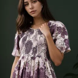 FIXOCRA Women Floral Printed Puff Sleeve Fit & Flare Midi Dress image 3