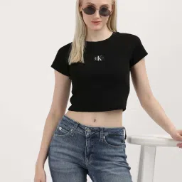 CALVIN KLEIN Black Cotton Logo Patch Work Crop T-Shirt image 4