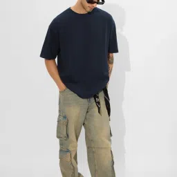 The Souled Store Navy Blue Regular Fit Solid T-Shirt image 4