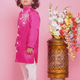Little Bansi Boys Pink & White Embroidered Full Sleeves Sherwani with Pyjamas image 4