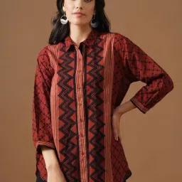 Jaypore Red Cotton Printed Ajrakh Straight Fit Shirt image 4