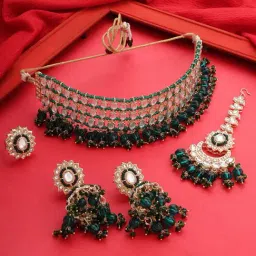Zaveri Pearls Green Kundan Choker Necklace Earring Maangtikka Ring Set-ZPFK17610-picture-17