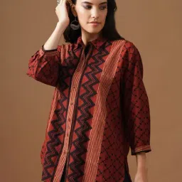 Jaypore Red Cotton Printed Ajrakh Straight Fit Shirt image 3
