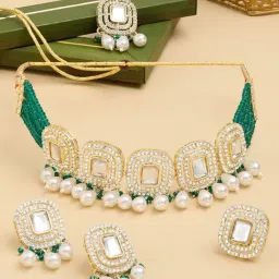 Zaveri Pearls Green Multistrand Choker Necklace Earring Maangtikka Ring Set-ZPFK17622-picture-17