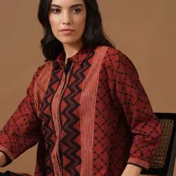 Jaypore Red Cotton Printed Ajrakh Straight Fit Shirt image 5