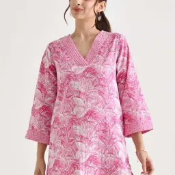 Rustorange Pink Cotton Printed A Line Short Kurti-image-0