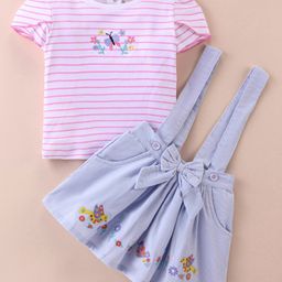 ToffyHouse  100% Cotton Knit Half Sleeves Striped Top & Skirt Set with Floral Embroidery - White Blue & Pink-picture-15