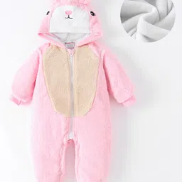 Kookie Kids Full Sleeves Winter Wear Hooded Romper with Bunny Design - Pink-image-38