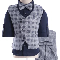 Robo Fry Woven Full Sleeves Checks 3 Piece Party Suit With Bow - Navy Blue & Gray-picture-22