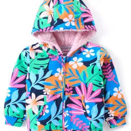 Babyhug Cotton Knit Full Sleeves Front Open Hooded Sweatjacket with Floral Print & Kangaroo Pockets - Navy Blue-picture-27