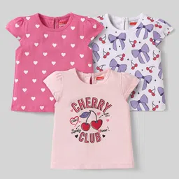 Babyhug Cotton Knit Cap Sleeves T-Shirts with Hearts Cherry & Bow Print Pack of 3 - Pink & White-picture-16