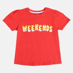 MINI KLUB Cotton Knit Half Puffed Sleeves Weekends Text Printed Top - Red-picture-12