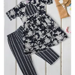 Bella Moda Cotton Woven Half Sleeves Floral Printed Gota Lace Embellished Kurti & Salwar Set - Black-picture-23