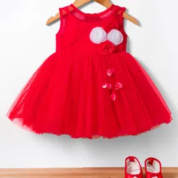 Blabber Sleeveless Floral Applique Detailed Knee Length Dress With Booties Set - Red-picture-16