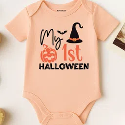 KNITROOT Halloween Theme Cotton Lycra Knit Half Sleeves My 1st Halloween Text Printed Onesie - Peach-picture-10