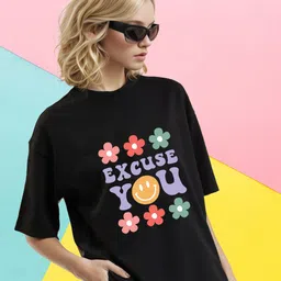 Slenor Typography Printed Round Neck Short Sleeves Cotton Applique Oversized T-shirt-image-92