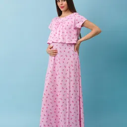 Bella Mama Half Sleeves Maternity Nighty Floral Print - Pink image 4
