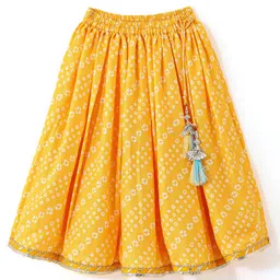 Babyhug 100% Cotton Knit Sleeveless Sequenced Embroidered Choli with Bandhani Printed Lehenga  and Dupatta Set - Yellow image 3